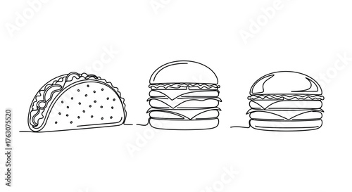 Continuous line drawing of taco and burgers minimalist vector illustration for fast food restaurant menu transparent background