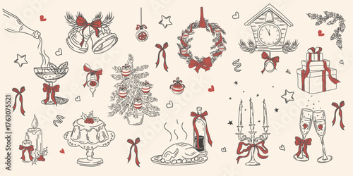 A vintage holiday collection of hand-drawn elements for Christmas and New Year's holidays.A minimalist retro pattern featuring candles,a turkey,a Christmas tree,an Advent wreath,and champagne.