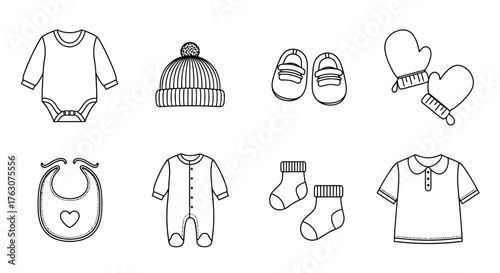 Set of baby clothes vector line icons outline clothing collection for newborn transparent background