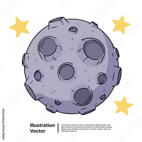 Whimsical cartoon moon with visible craters and glowing stars, a charming celestial body illustration for space and night sky themes