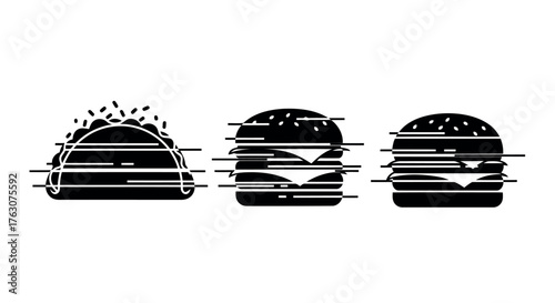Taco and burger icons with glitch effect fast food vector illustration for menu design transparent background