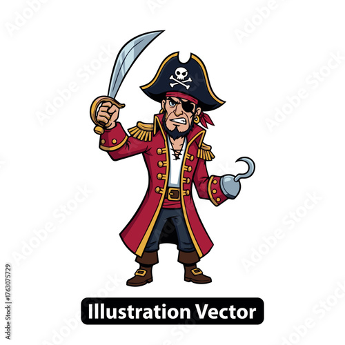 Cartoon Pirate Captain with Sword and Hook Ready for Adventure on the High Seas