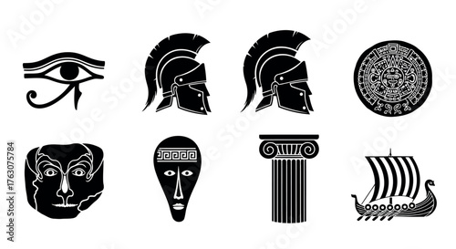 Set of ancient civilization icons vector glyph design elements representing historical cultures and symbols transparent background