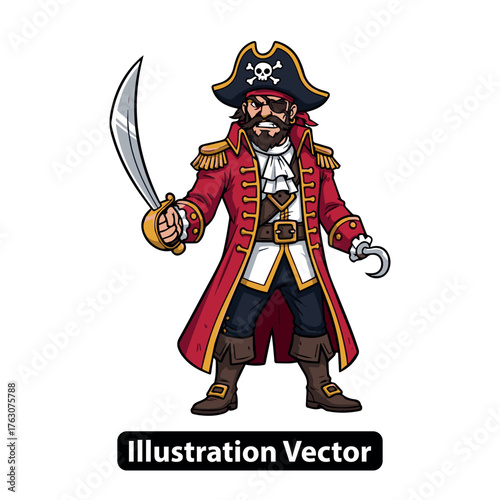 Cartoon illustration of a pirate captain with a hook hand and cutlass sword in a classic costume