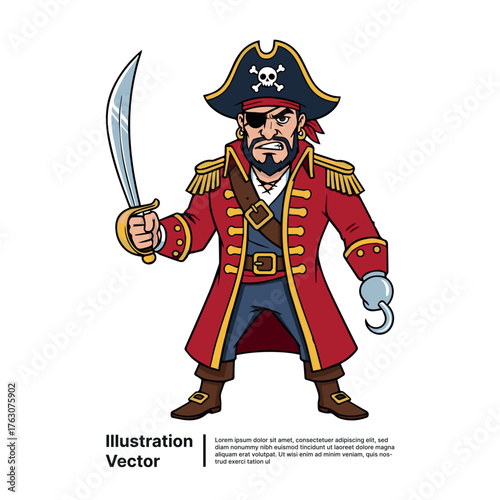 Cartoon illustration of a menacing pirate with a sword, hook hand, and eye patch ready to fight
