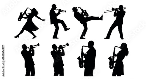 Set of jazz musician silhouettes playing saxophone and trumpet vector illustration for music events and entertainment concepts tra