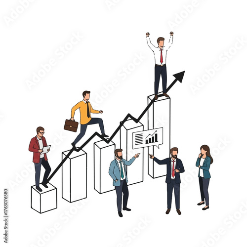 Business Ascent: A determined business team navigating the upward trajectory of success, emphasizing teamwork, strategy and continuous development towards achieving goals.