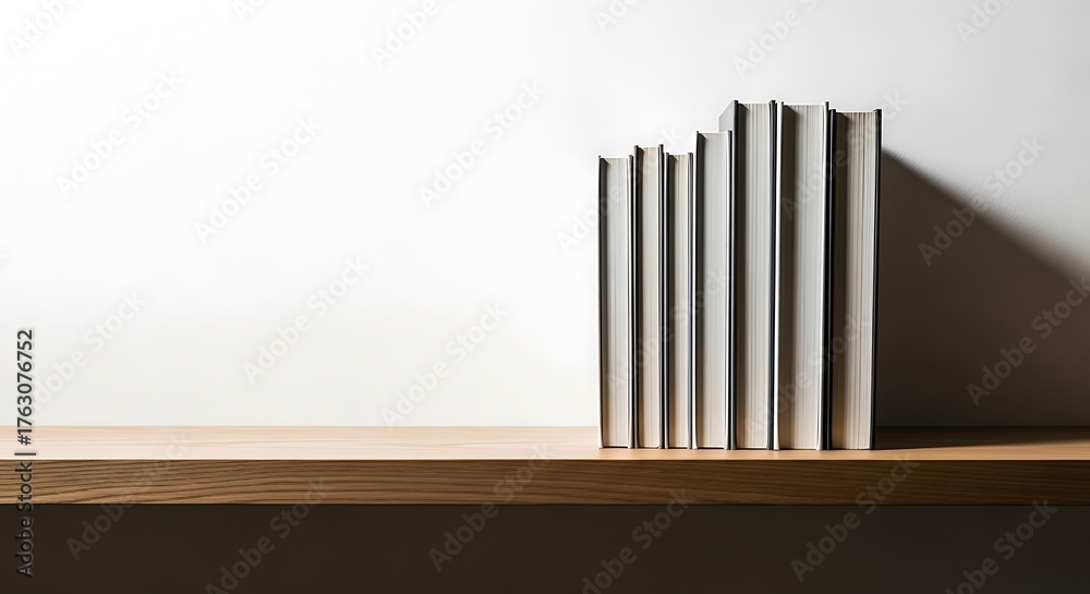 Obraz premium Stacked hardback books on wooden shelf image
