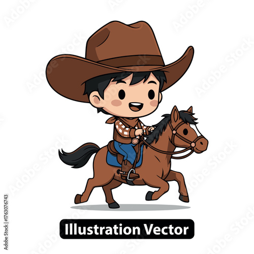 Cute cartoon cowboy boy riding a horse. Adorable chibi character in western attire on a pony