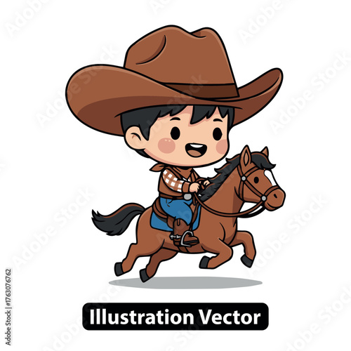 Cowboy Riding a Horse Cartoon Illustration of a Young Cowboy on a Rushing Horse