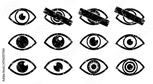 Set of eye icons grunge style vector illustration for graphic design user interface elements transparent background