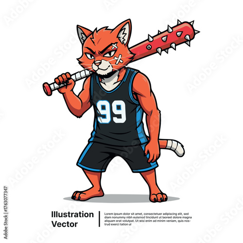 Vengeful orange cat mascot in a sports jersey, brandishing a formidable spiked baseball bat with an intense gaze