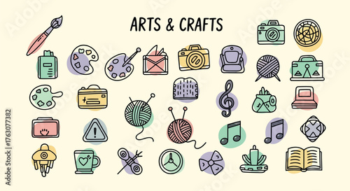 Set of arts and crafts icons hand-drawn vector illustration for creative hobbies isolated on beige background transparent backgrou