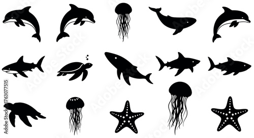 Collection of marine animal silhouettes including dolphin shark jellyfish and turtle vector illustration transparent background