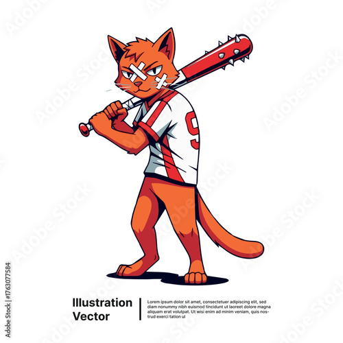 Cool Cartoon Cat Character Holding a Baseball Bat with a Determined Expression