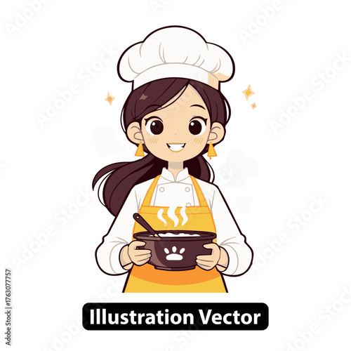 Happy Cartoon Chef Woman Holding a Bowl of Delicious Food with a Sparkle Effect