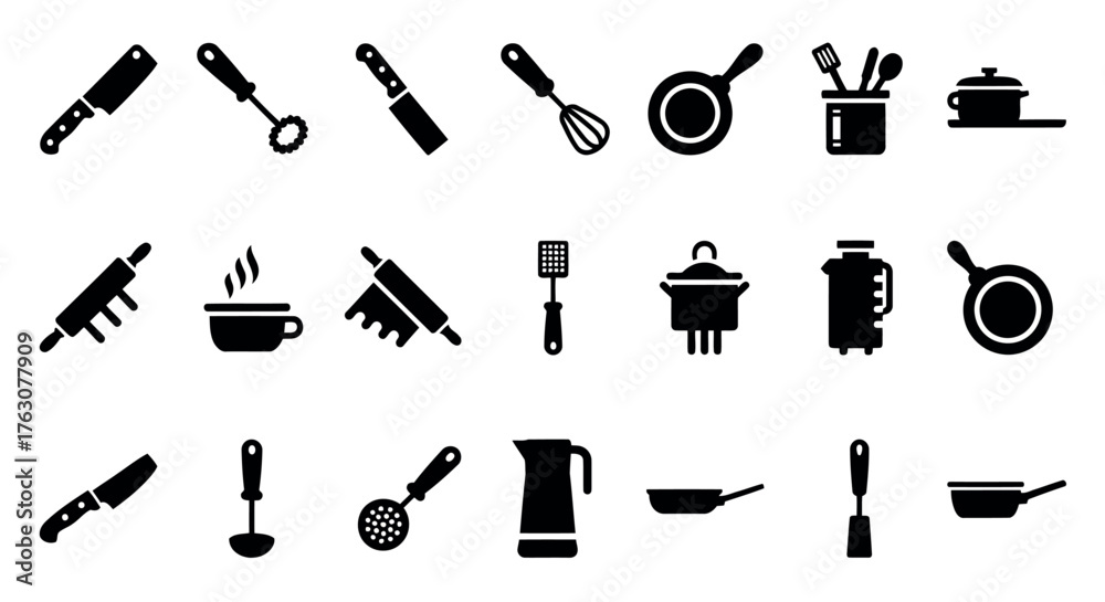 Obraz premium Set of kitchen utensil icons simple black glyph vector design perfect for culinary websites and cooking app interfaces transparent