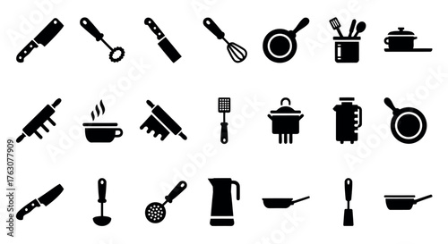 Set of kitchen utensil icons simple black glyph vector design perfect for culinary websites and cooking app interfaces transparent