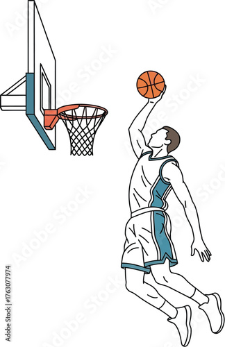 Basketball player dunking ball on court with hoop vector