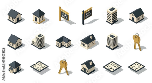 Isometric real estate icon set featuring houses buildings keys and floor plans vector illustration for property and construction c