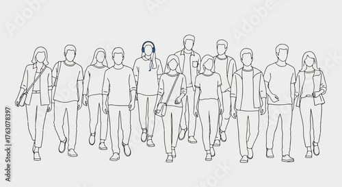 Crowd of people walking line art illustration of diverse individuals representing community and urban lifestyle transparent backgr