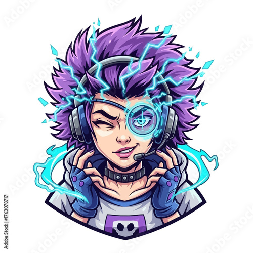 Illustration of a winking gamer girl with purple hair and futuristic headset with lightning effects