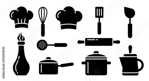 Set of kitchenware icons cooking utensils in simple flat vector design transparent background
