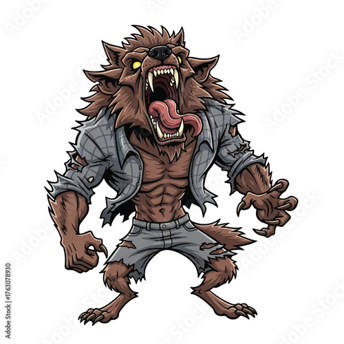 Werewolf's Ferocious Pose: A fierce werewolf with exposed fangs and an angry gaze strikes a menacing pose, showcasing its terrifying transformation. 
