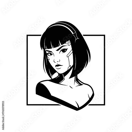 Cyberpunk girl with black hair and blue tech implants in a square frame illustration art