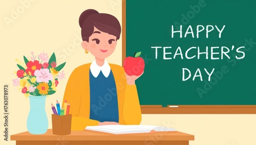 Happy Teacher's Day Illustration. Female Teacher Holding Apple in Classroom with Chalkboard Greeting.