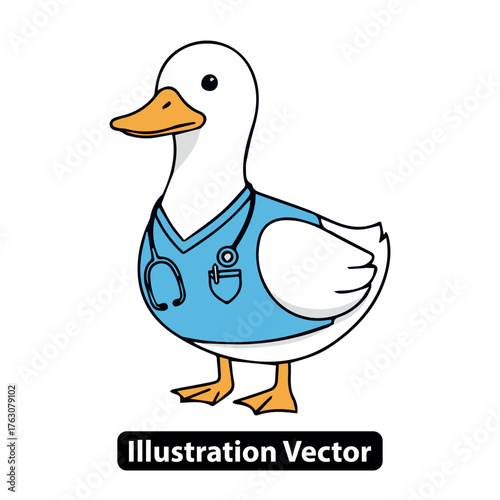 Cute cartoon duck wearing a doctor's scrub suit and stethoscope illustration