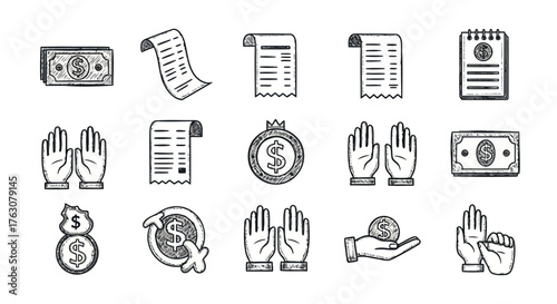 Hand drawn set of finance and money icons vector doodle illustration for business and banking transparent background