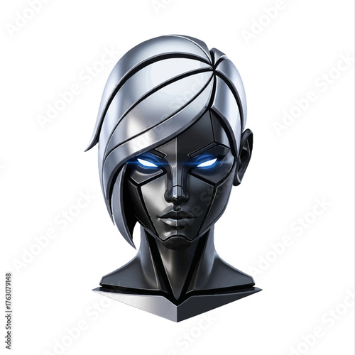 Close up of a metallic female android bust with glowing blue eyes on a white background