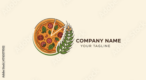 Delicious pizza with fresh ingredients and wheat branch logo design.