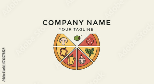 Pizza Slice Logo with Toppings Representing Different Flavors and Company Branding.