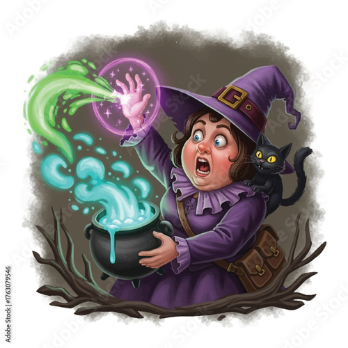 Mystical Brew: A whimsical illustration of a charming witch, conjuring a magical potion within a bubbling cauldron. A loyal black cat accompanies her as the magic fills the air.