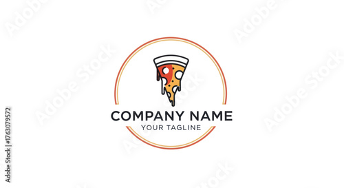 Creative cartoon pizza slice character with dripping cheese logo.