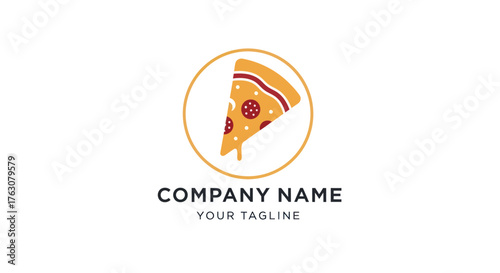 Pizza slice logo design with company name and tagline for branding.