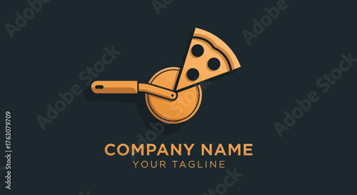 Golden Pizza Slice and Cutter Logo Design on Dark Background.