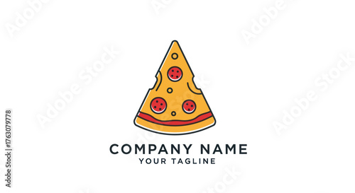 Pizza slice logo design with company name and tagline for branding.