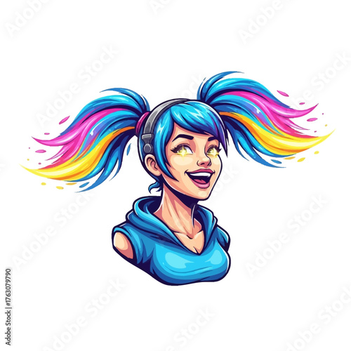 Cartoon girl with colorful hair in pigtails wearing headphones and a blue hoodie smiling brightly