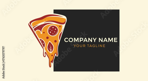 Stylized vector illustration of a dripping pepperoni pizza slice logo.
