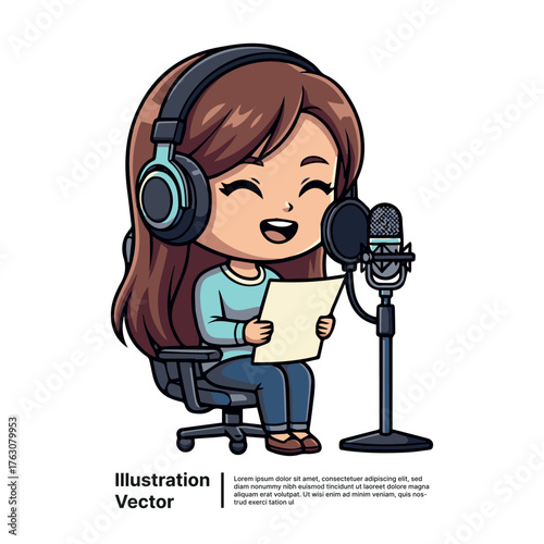 Cute Podcaster Girl Cartoon Character with Microphone for Content Creation