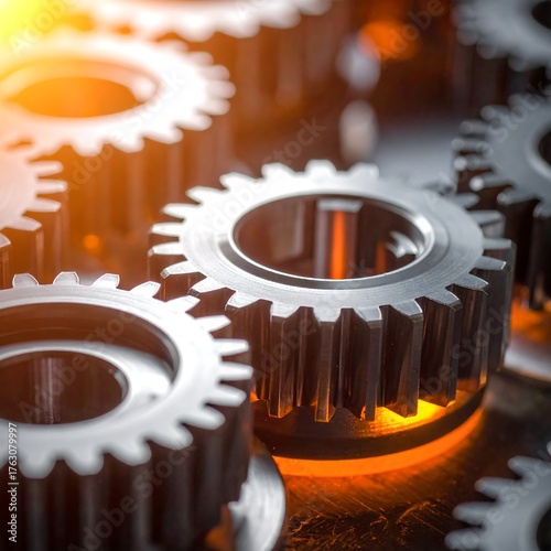 Close-up of metallic gears with bright lighting and warm orange tones
