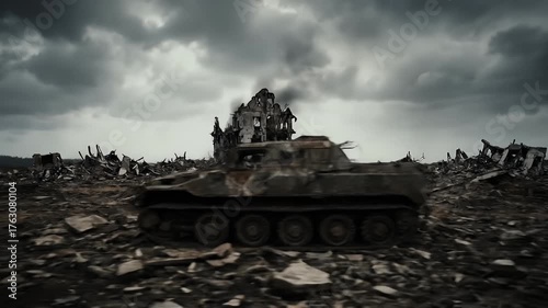 War-torn Tank and Destroyed Landscape under Stormy Sky