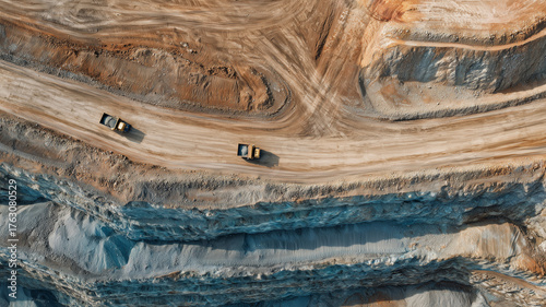 Aerial view of a large open-pit rare earth mine, terraced excavation, trucks moving below.