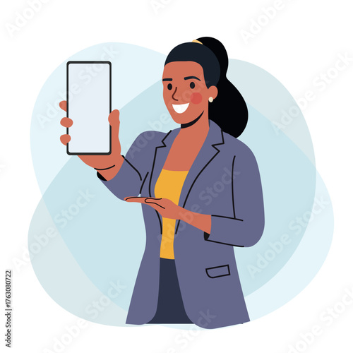 Young business woman shows her smartphone screen. Vector flat style cartoon  illustration.