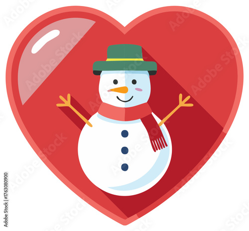 Cute cartoon snowman with a carrot nose wearing a green hat in a red heart shape