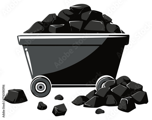 Mining cart filled with coal and pile of coal in grayscale illustration