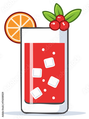 Refreshing Red Drink Illustration with Ice Cubes, Orange Slice, and Berries Garnish